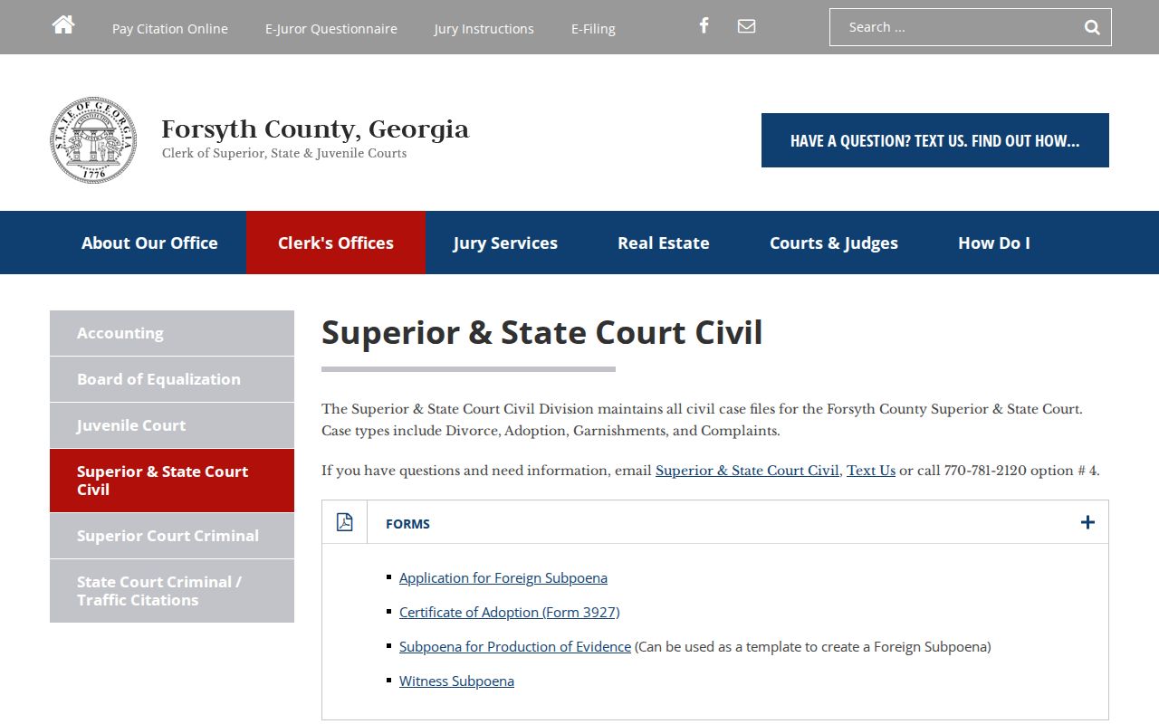 Forsyth County civil docket Superior and State Court Civil Division