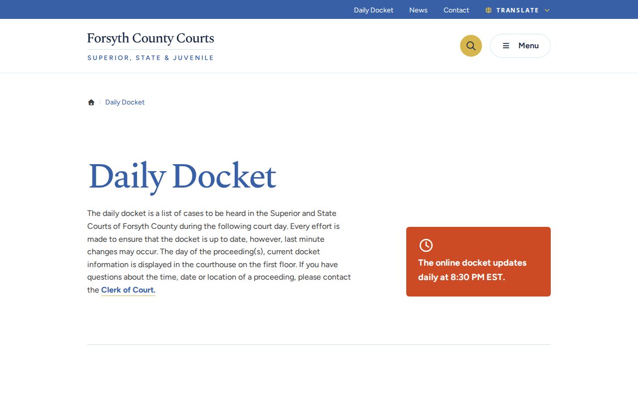 Forsyth County court dates Daily Docket interface