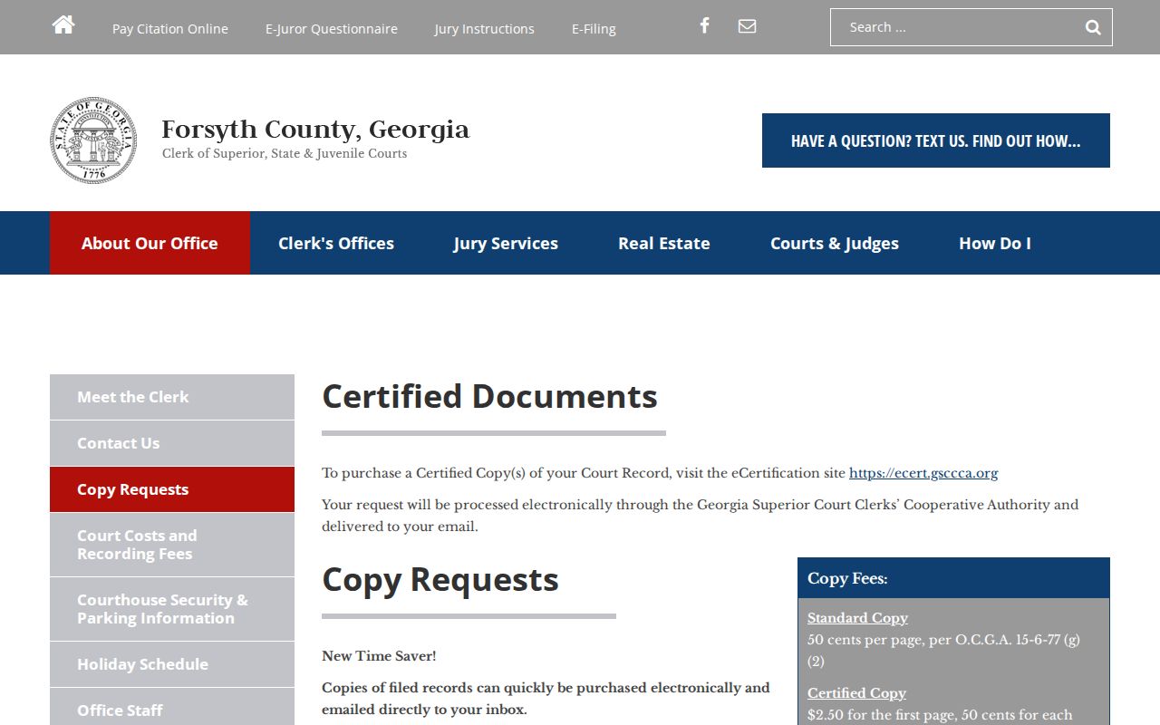 Forsyth Clerk court record copy request and fee page